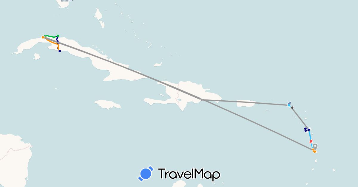 TravelMap itinerary: driving, bus, plane, cycling, hiking, boat, hitchhiking, motorbike in Anguilla, Saint Barthélemy, Cuba, Dominica, Dominican Republic, France, Guadeloupe, Saint Martin, Martinique, Netherlands (Europe, North America)
