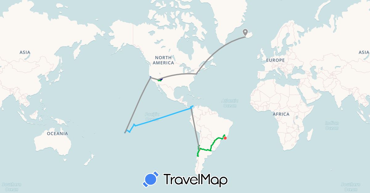 TravelMap itinerary: driving, bus, plane, cycling, train, hiking, boat, hitchhiking in Argentina, Brazil, Chile, France, Iceland, Panama, United States (Europe, North America, South America)